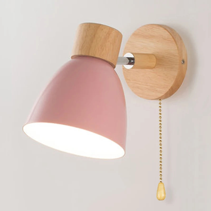 Wooden Nordic Wall Lamp with Switch Modern Wall Sconce for Bedroom Living Room Home Lighting Macaroon 6 Color Steering Head E27
